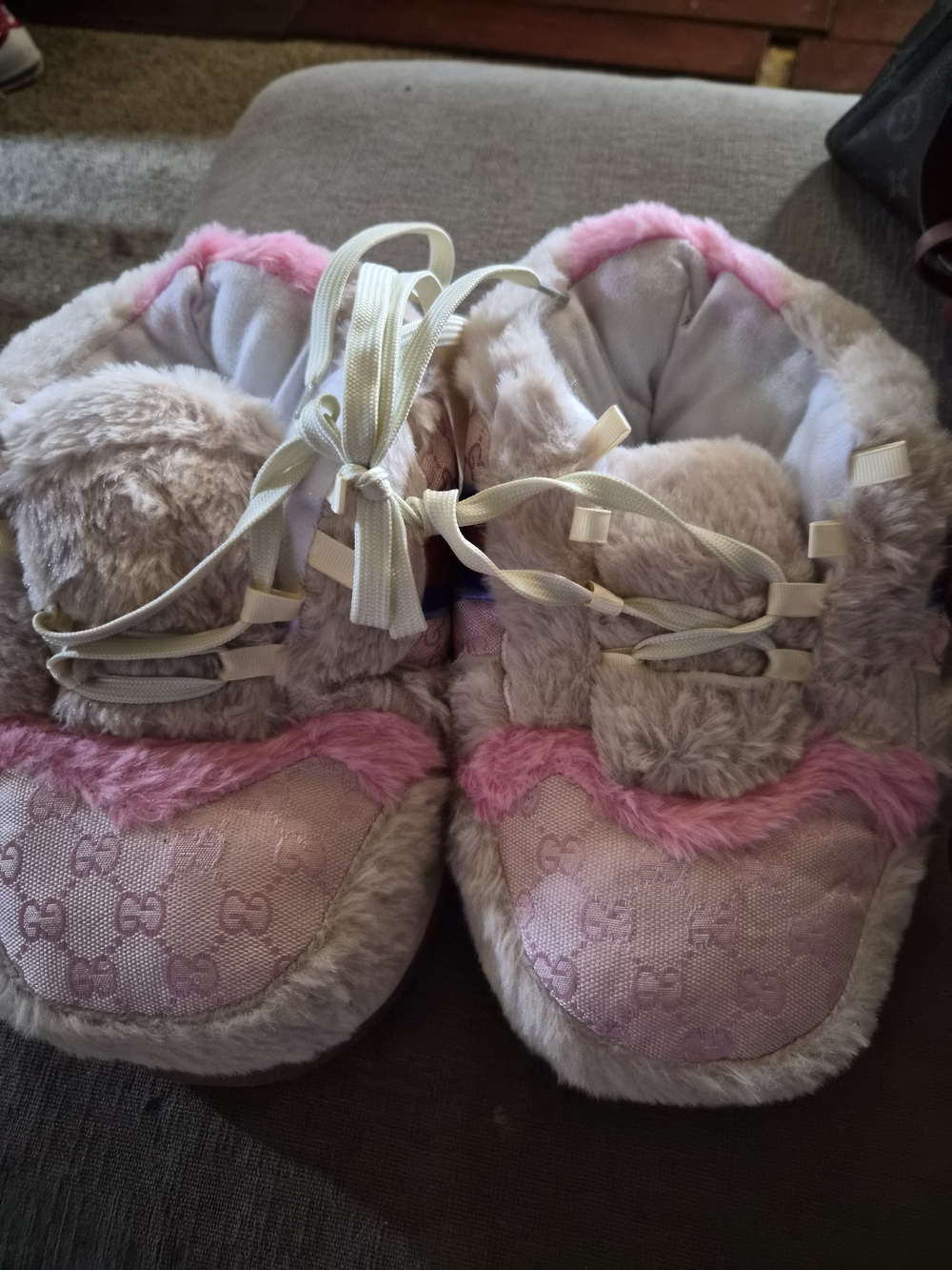 Pink Fuzzy Slip-On Shoes with Ribbon Laces